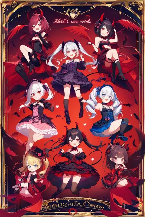  twin tails on legs、 Silver Hair、Devil Horns、Devil's Tail 、 small tits、 slippery、 plumpy、Breasts not big 、 small breasts、 gothic lolita costume 、 high knee socks、High heels、R18、night、moon、満moonが出ている、 red eyes、Devil Wink、black and red bat feathers、Two fangs...