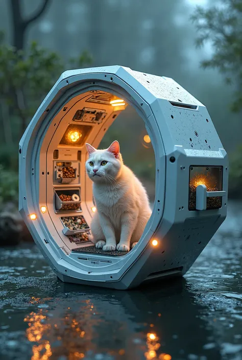 A hexagon shaped Flood-safe cat cage with unique features like hidden rope and flood proof material and futuristic looking 