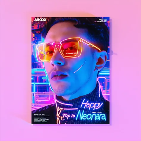 I want to make a cover of a single. The name of the artist must be painted, which is called "AIKOX". The song is called "Happy Trip to Neonara", the name is also to be painted. The graphic part of the album has to be inspired by happy trip to neon land.