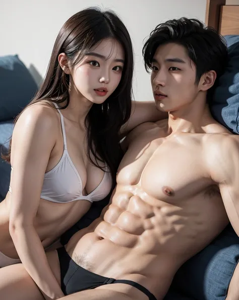  Korean man ,22 years old, bodybuilder , Take off your top, With a girlfriend,  I'm lying down, two people kiss