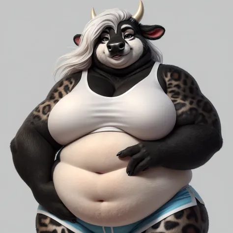 8k, fine details, (ultra detailed), a beautiful and detailed full size portrait of a female anthro cow(((black body, balck and white spotted fur pattern))), horns, long white hair, detailed eyes, bright hazel eyes, chubby fat belly, plump body, (fat arms:1...