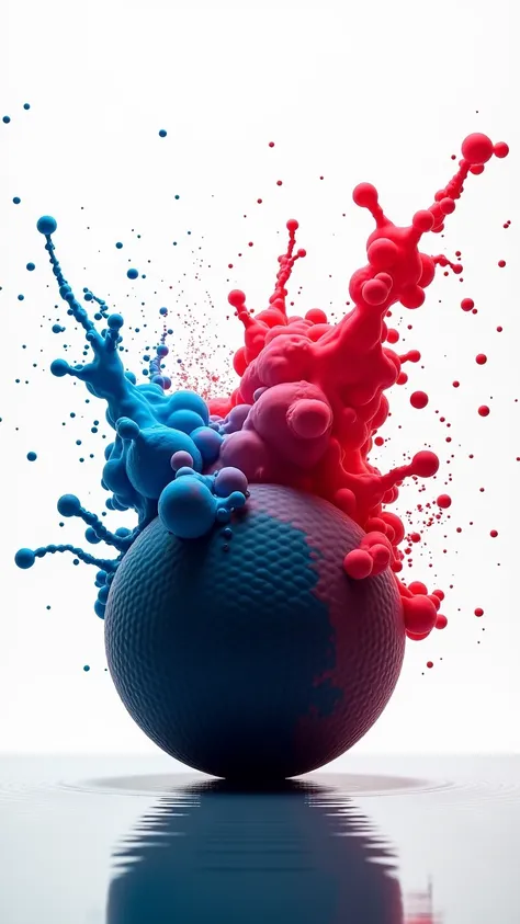 Ink explosion on a sphere :  A huge sphere of ink is about to burst .  At the moment of impact ,  ink spreads in jets of colors ,  creating traces and organic shapes in all directions,  with paint particles visible in the air 