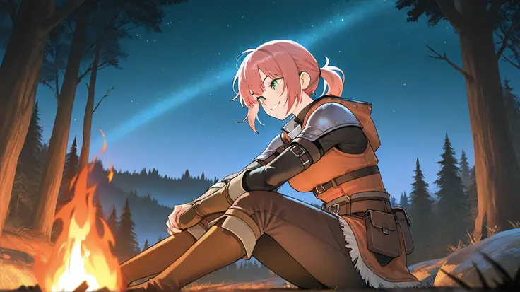 1girl, a fantasy world, adventurer, adventurer clothes, fantasy,  dynamic lighting, dynamic pose, landscape, ((masterpiece)), chill atmosphere, night, Sitting by the fire in camp, looking at wiever, smile, in a forest, open sky, stars at sky