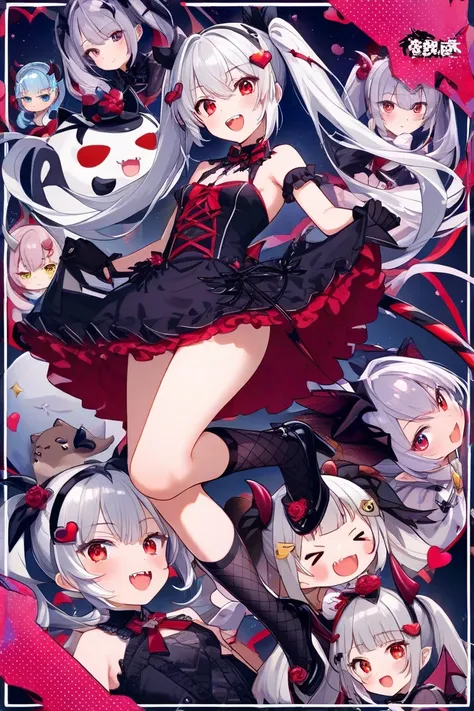  twin tails on legs、 Silver Hair、Devil Horns、Devil's Tail 、 small tits、 slippery、 plumpy、Breasts not big 、 small breasts、 gothic lolita costume 、 high knee socks、High heels、R18、night、moon、満moonが出ている、 red eyes、Devil Wink、black and red bat feathers、Two fangs...