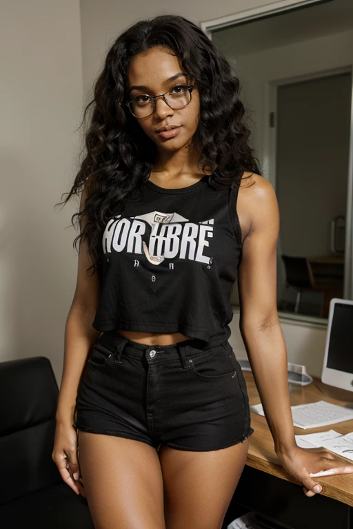 A black hot girl,  curly hair, in the room, clothes marking, short Branco, nerd