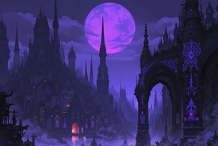 The Dominion is a city of eternal twilight, where the air hums with dark sorcery and the moon looms low and swollen in the heavens, its eerie glow pulsing like a beating heart. The architecture is a twisted fusion of gothic elegance and infernal artistry—s...