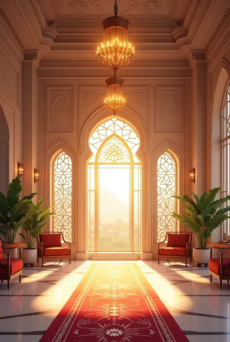 Une illustration d'une magnifique maison vu de l'intérieur décoré pour la venue du mois de Ramadan. il n'y a personne, seulement de la décoration