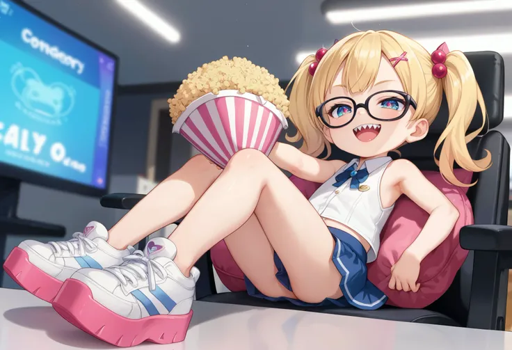 Young toddler girl, loli,fisheye effects and dynamic angles, Her outfit combines a cropped haori jacket with mini skirt and platform sneakers.blonde hair, sleeveless shirt,sleeveless , polo shirtsource anime, kawaii anime face, solo, twintails, sharp teeth...