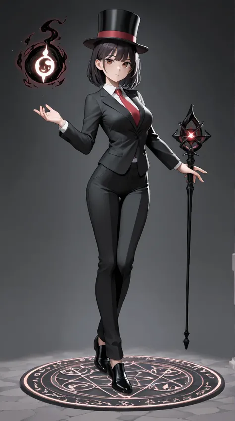 1 girl,  Long and Dark Hair,  medium breasts, black suit with red tie and black pants , Brown eyes,  with a magician's top hat and a black magic wand with white tip