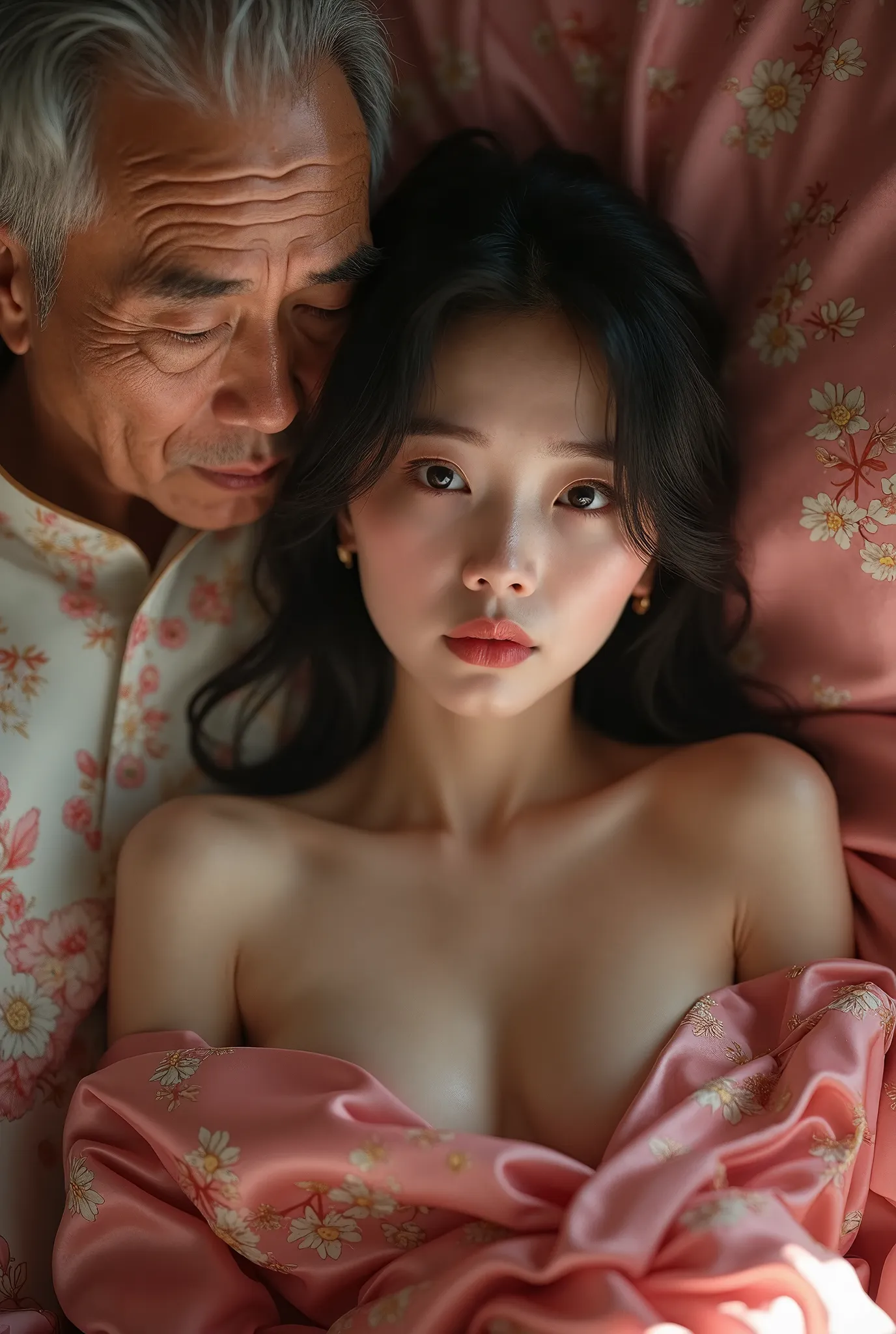 sexy beautiful Asian southeast girl small breasts, flat chest, beautiful girl, naked, pink gold floral pattern, silk clothes off the-shoulder's royal dress, sitting in lap 80 year old man, she looks at the camera with a frightened look.