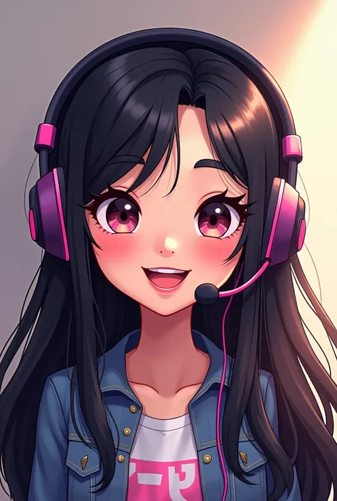 generate a generic cartoon of a streamer girl with long black hair and make it a head shot