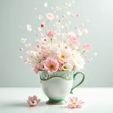 "A delicate white porcelain cup with elegant moss-green details sits gracefully on a smooth surface. From within, a breathtaking explosion of flowers in shades of soft pink, pure white, and muted gray bursts into the air, creating a mesmerizing, magical ef...