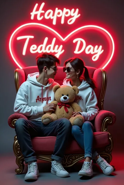 Create a 3D realistic illusion image a 18 year old boy and girl in a white hoodie and sitting comfortably on the king’s throne wearing sneakers and sunglass. the boy is proposing with a teddy ” Happy Teddy Day” is written in white and red neon lights in th...