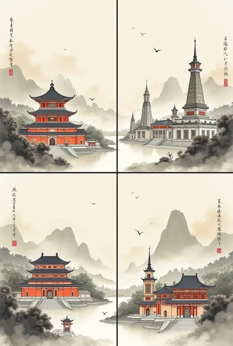 Ink painting style of representative buildings of the city，Quadtych diagram