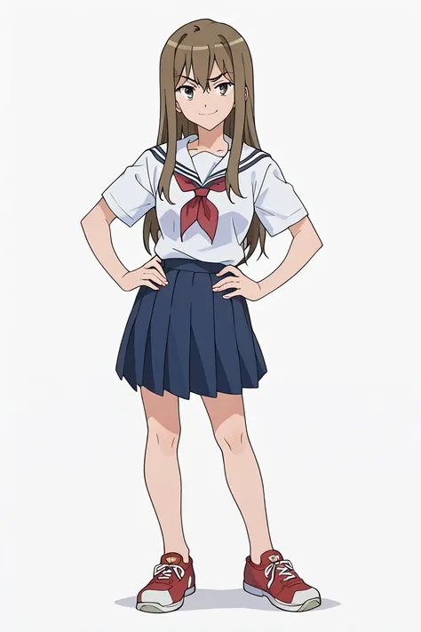 white background, Yanagisako Aomi, full body, smile, smirk, school outfit, delinquent, blue school uniform, blue skirt, red sneakers, hands on hips