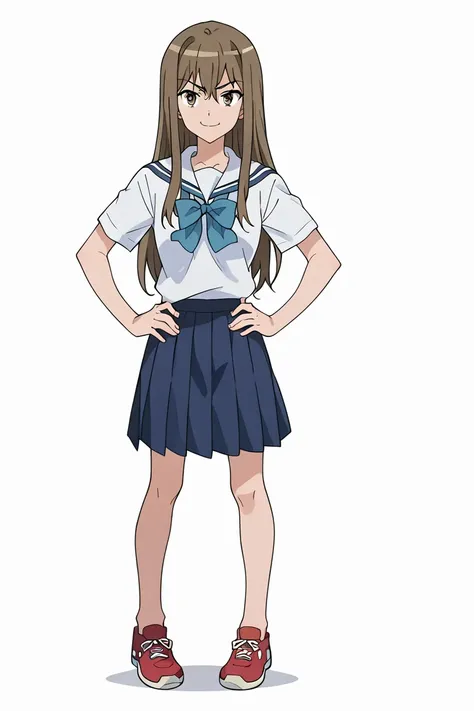 white background, Yanagisako Aomi, full body, smile, smirk, school outfit, delinquent, blue school uniform, blue skirt, red sneakers, hands on hips