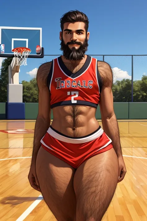 male basketball player, indian, brown skin, ((((wide hips)))), ((thick thighs)), ((skinny torso)), curvy hips, ((big beard)), small waist, ((hairy thighs)), ((short hair)), ((hairy)), perfect face, outside basketball court