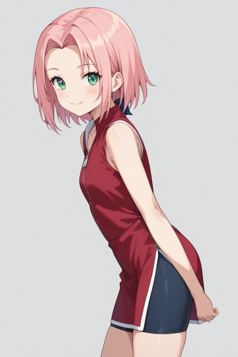 simple background, nsfw, 1girl, sakura haruno, medium hair, green eyes, pink hair, parted bangs, smile, closed mouth, dress, bare shoulders, collarbone, sleeveless, sleeveless dress, black bike shorts, zipper, zipper pull tab, forehead protector,blush, hip...