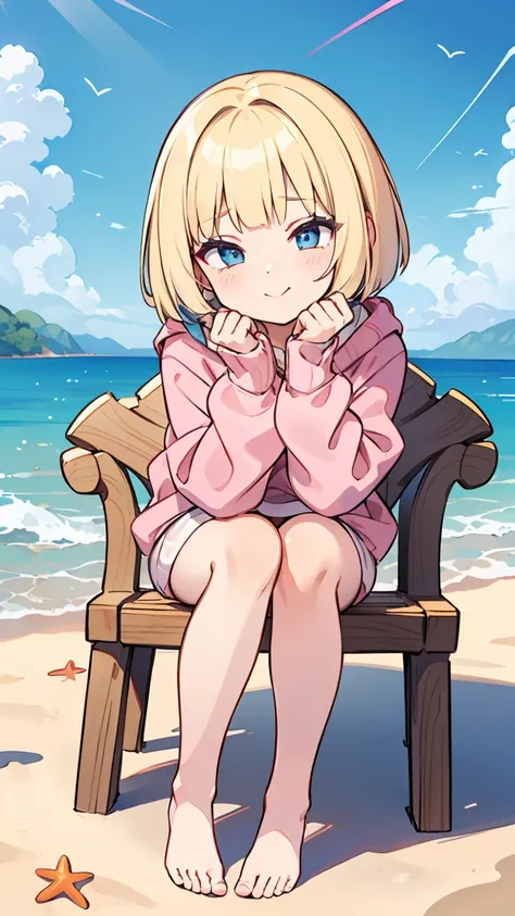 ((  a girl with blonde bob hair and blue eyes )),((  I'm in a white bikini  )),((  I'm wearing a pink wizard jumper)),bangs,   , full body、 beach、Sunlight Streaks 