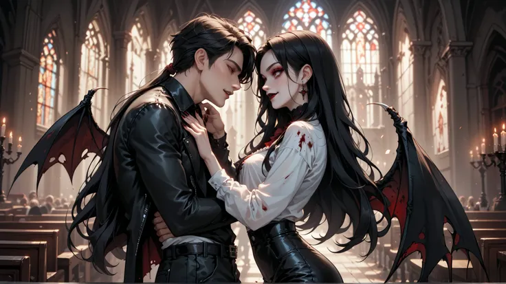 gothic girl in the form of a vampire, next to the girl stands a vampire boy, 19 years old, perfectly shaped, dressed in black leather pants and white shirt, girl 19 years old, black long hair, 3 chest size, perfect figure, vampire wings on her back, dresse...