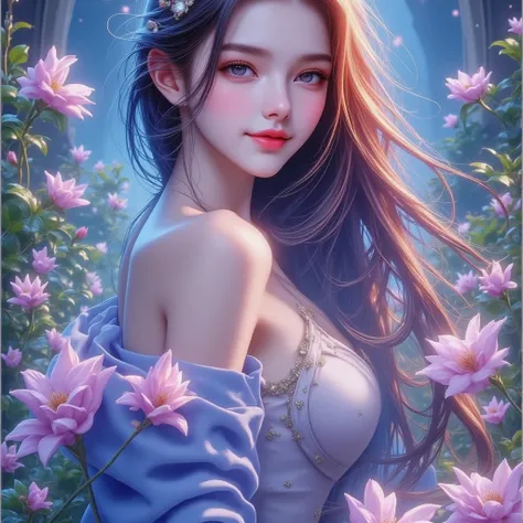 （  Top Quality 。  highest resolution 。  super realistic photo  。  full body portrait in front of  。）  There is a beautiful woman with very long hair  。 More beautiful than a beautiful actress 。  beautiful young women 。  in a garden with lots of flowers blo...