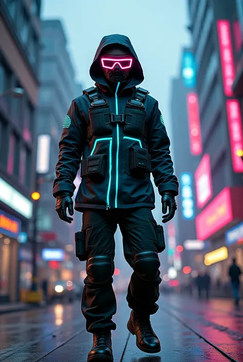 In the heart of the city, an explosive and artistic depiction of a cyberpunk character is decked out in a weatherproof jacket with neon green and blue LED trims is in motion, with an iridescent sheen, zipped up high over their chest. A neon blue streak run...