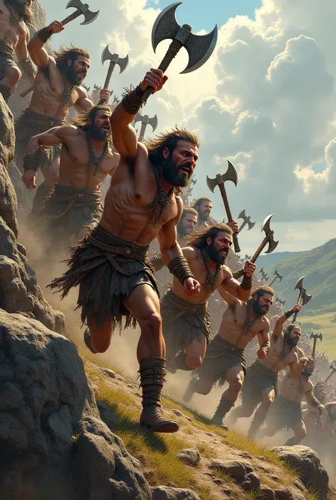 Make me an image where barbarians descend from a hill brandishing axes