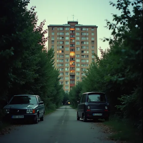 Slightly faded ,  lane, a multi-storey Soviet residential building stands worn out,  light brown facade ,  lots of windows with warm light ,  pointing to various activities inside .  The structure is partially hidden by the lush ,  green trees on the left ...