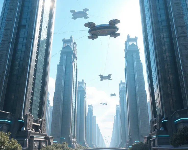 On the other side, the future is depicted—featuring advanced technology, futuristic skyscrapers, flying vehicles, and a vision of progress.

