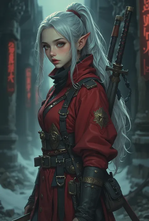 Female Elf Ninja、 with silver hair tied together at a high position、Ninja costume that looks like a red kimono 、Ninja armor、Carrying two ninja swords on his back、Brave Face 、 Astonishing Eye、 brown eyes、 Elf Ears、The background is a dungeon called Abyss、 f...