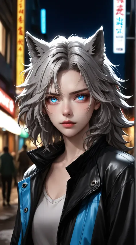 (Better details ,  high quality), furry werewolf,  walk through the city, (night,  bright light , Urban Environment), (dynamic framework, Fierce expression ,  messy hair ), ( bright blue eyes, Detailed jacket ), (Colored spots,  slippery street ), (Focus o...