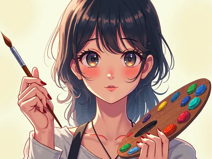 Create an image of a woman is holding a paintbrush and a palette with various colors, anime style. can see her both hand clearly