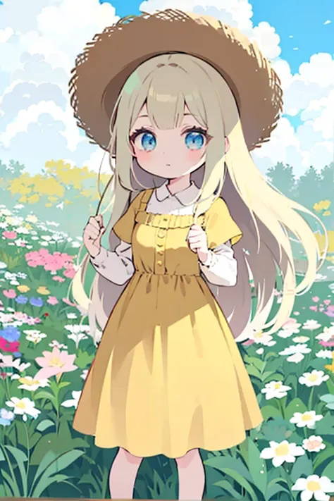 A blond girl with long hair and sky-colored blue eyes,  yellow dress 