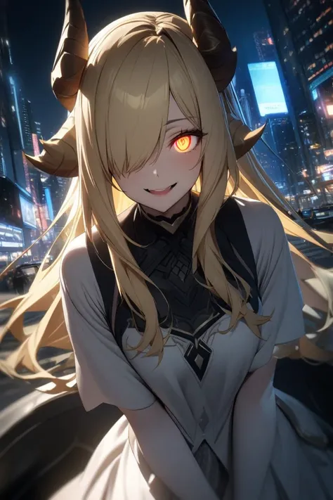  1 girl, solo,  Hi-Res,  high definition model,  long hair, とても long hair,  hair to hide one eye,  blonde, chest,   smiles,  first-person view, Beast Horns, Night city with long vertical pupils/Cat&#39;s Eyes, tooth, Glowing Eyes, 