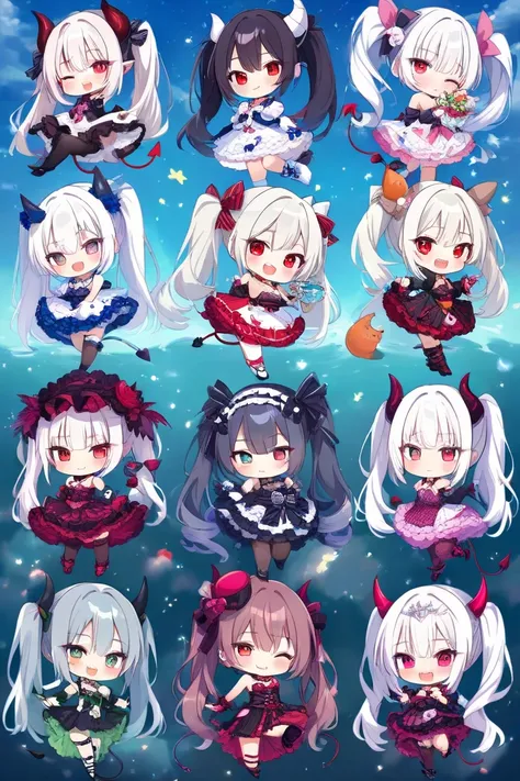  twin tails on legs、 Silver Hair、Devil Horns、Devil's Tail 、 small tits、 slippery、 plumpy、Breasts not big 、 small breasts、 gothic lolita costume 、 high knee socks、High heels、R18、night、moon、満moonが出ている、 red eyes、Devil Wink、black and red bat feathers、Two fangs...