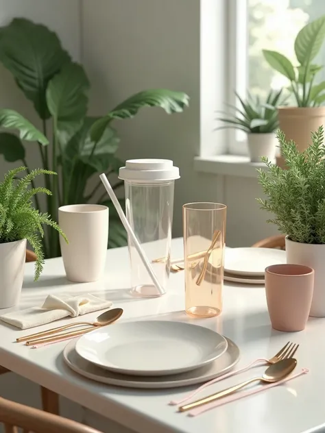 (ephicphotorealism:3.1), 1:1 aspect ratio, PHA Bioplastic cups, plates, spoons, straws, and bags on the table, DSLR Focus, Ultra realistic, extremely detailed, ultra detailed, hyper realistic, Filled Image with plants and pots, v2