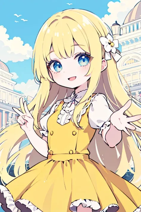 A blond girl with long hair and sky-colored blue eyes,  yellow dress,  white skin, smiling directly at the spectators, making a V sign with your hands 