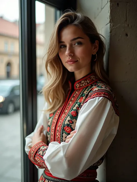 A stylish young Ukrainian woman, 18-25, with a long hair haircut and confident demeanor, wearing a contemporary vyshyvanka with traditional embroidery. Natural light from a large window, blurred background of a quiet street in Kyiv with unique architecture...