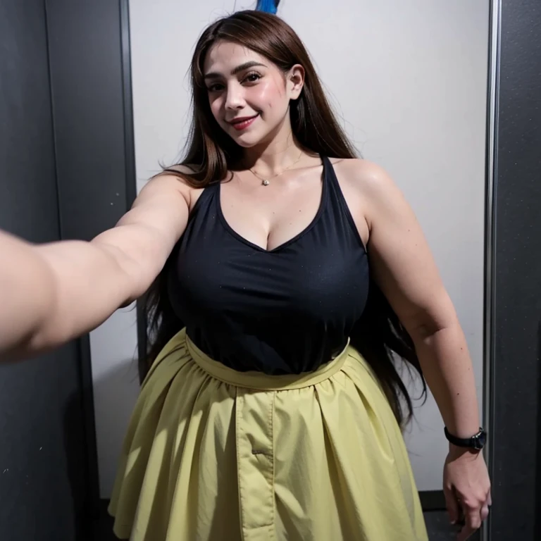 ((((bbw )))) a woman taking a selfie in a bathroom, long hair, breasts, smile, skirt, blonde hair, large breasts, holding, cleavage, lips, phone, cellphone, tank top, smartphone, holding phone, watch, wristwatch, sink