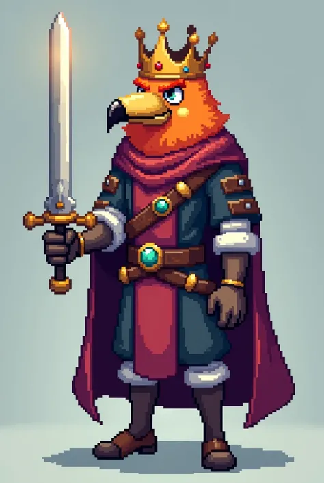 pixel art of a man with a crown and a sword by Kanbun Master, polycount, pixel art, fluffy orange skin, minecraft skin, full body sprite, tane skin, pixel art sprite, 2 d sprite, mage robe based on a toucan, anime vtuber full body model, full body with cos...