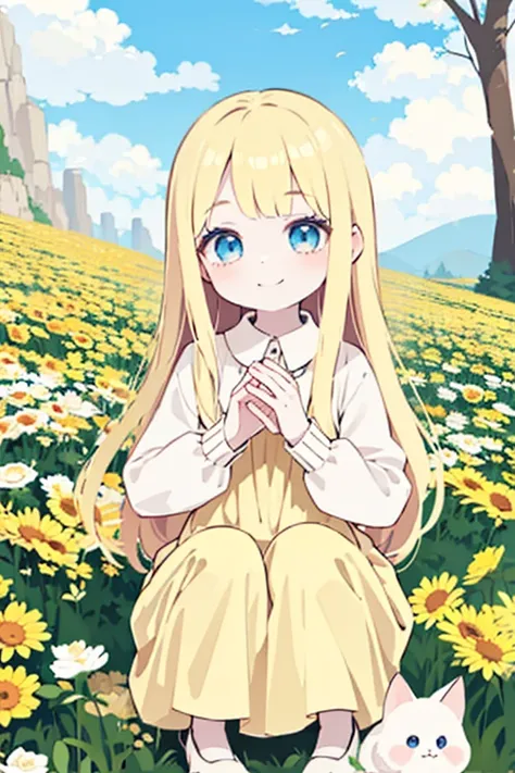 A blond girl with long hair and sky-colored blue eyes,  yellow dress,  white skin, smiling directly at the spectators, Playing with the dolls squatting 