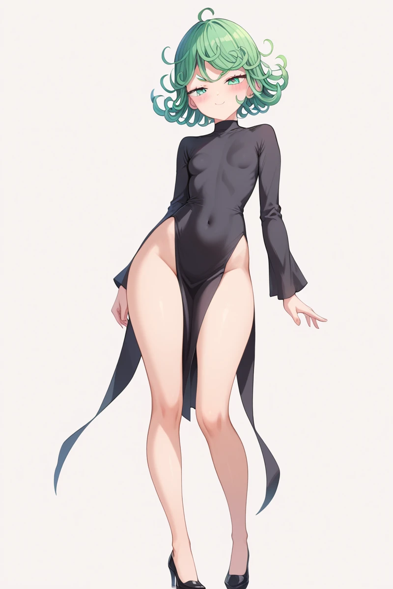 simple background, full body, nsfw, 1girl,tatsumaki, short hair, curly hair, green hair, long sleeves, black, dress, small breasts, thighs, blush, furrowed eyebrows, evil smirk, closed mouth, half-closed eyes, hip, smooth legs, slender legs, smooth legs, (...