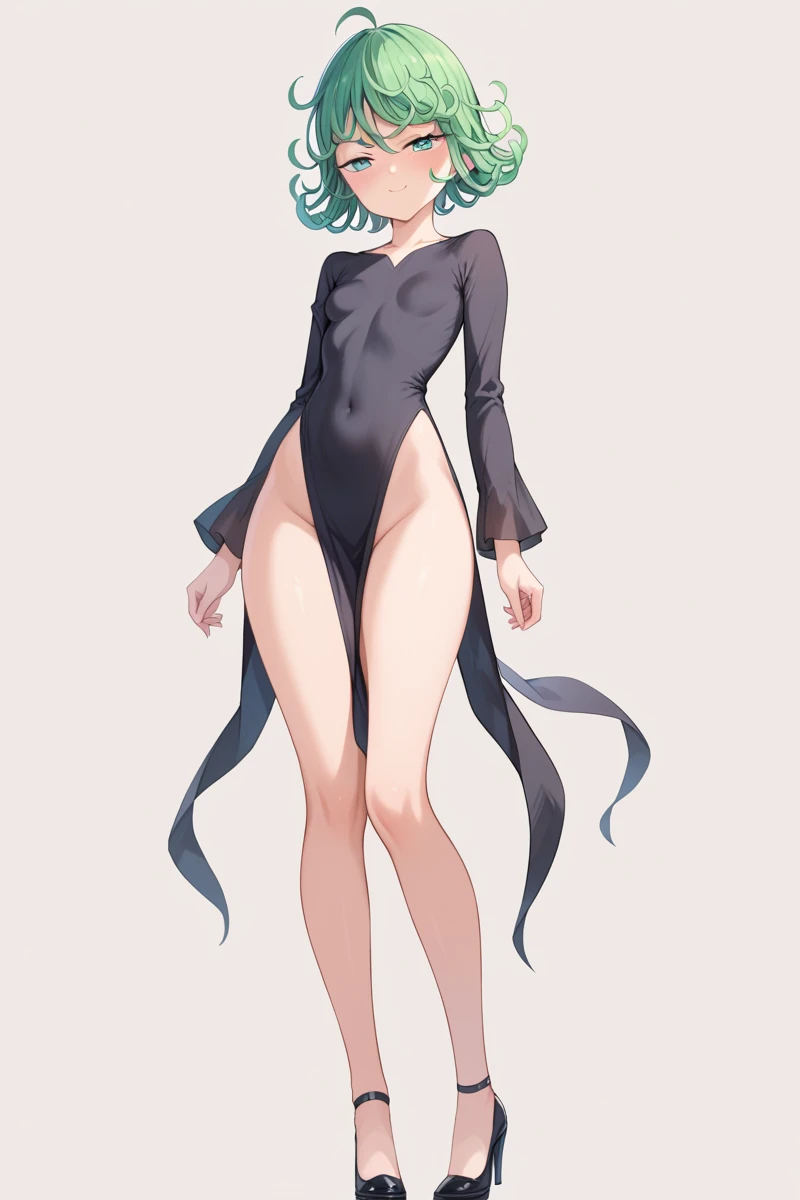 simple background, full body, nsfw, 1girl,tatsumaki, short hair, curly hair, green hair, long sleeves, black, dress, small breasts, thighs, blush, furrowed eyebrows, evil smirk, closed mouth, half-closed eyes, hip, smooth legs, slender legs, smooth legs, (...