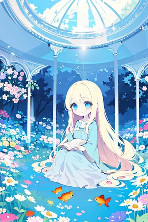 A blond girl with long hair and sky-colored blue eyes, flowery blue dress ,  white skin, smiling directly at the spectators,  playing with the goldfish crouching