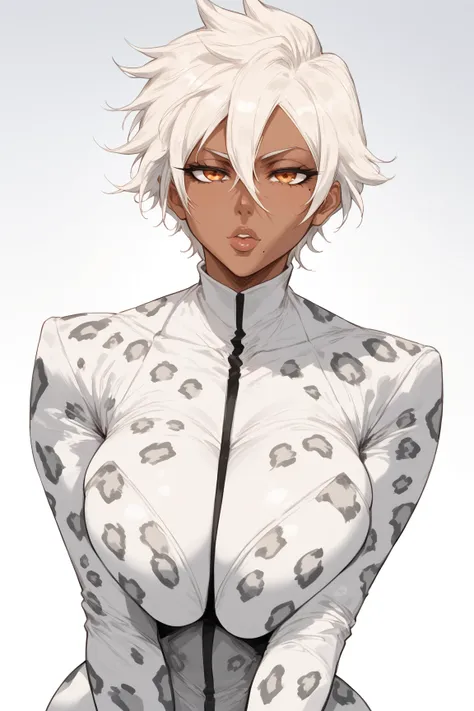 Woman, dark skin,white hair, topknot, Short hair,Mole near the mouth, white leopard print suit, anime style, orange eyes,Bleach Style 