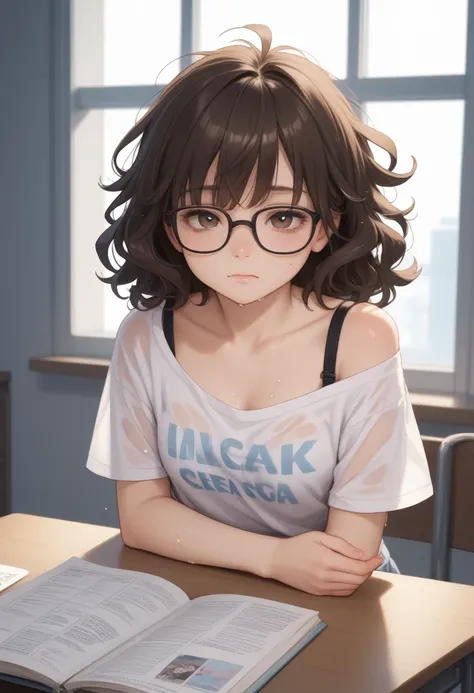 A fully stressed and tensed girl sits at her desk andp reparing for exam.... with dark theme and  show that she is imagining about the happy stages and speech competition in clouds. ((left-handed girl!)) Cute rounde face, tired brown eyes, glasses, very me...