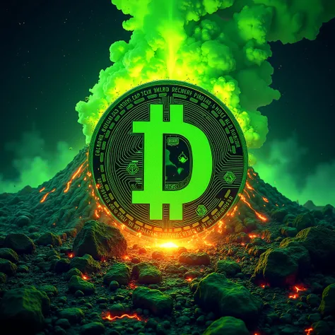 Green eruption from volcano with logo of  a 'Digicoin' similar like bitcoin but made with green 'D'  in the middle  , acid style  , drugs colours , high quality detalis , high quality , yellow colours , acid theme , add also some red theme , put on coin mo...