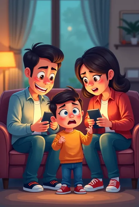 A cartoonist about a father and mother sitting on the couch holding their phones inattentively while the  stands in front of them and talks to them but they ignore him