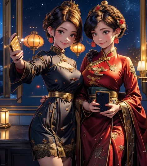 ((Masterpiece)) ((Top quality)) two Women .(Nightsky.starry). (8k) Inside hoom room. Winter. Line-up standing.(((Selfee))) glowing light.(Detailed embroidery dragon pattern).Red Chinese dress. Gold line. ((Camera angle close to that of a smartphone))longe ...