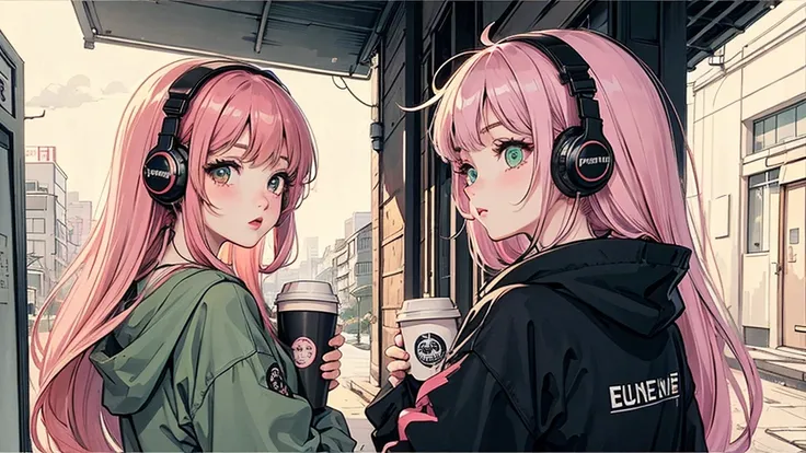  1 girl like Anya,  anime style , I have headphones on,  holding coffee in hand, Retro,  lo-fi,Her hairstyle is pink,Famous anime,spy anime, looking back,Eye color is green